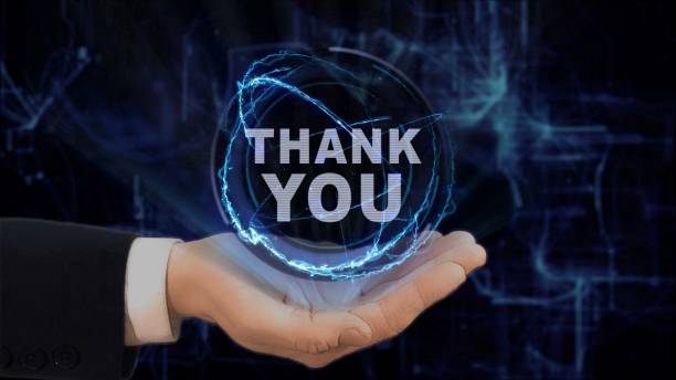 Painted hand shows concept hologram Thank you on his hand. Drawn man in business suit with future technology screen and modern cosmic background